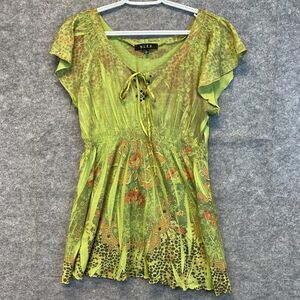 BLEU Y2K Top Women's Large Green Flutter Sleeve Floral Rhinestones Smocked Waist